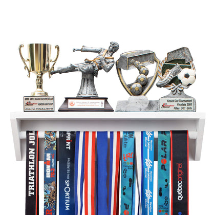 Paisa Home - Medal Hanger & Trophy Shelf- Use as a Medal Display with Shelf, Trophy Rack, Medal Holder and Medal Display Hanger, Race Medal Display and Medal Hanger with Shelf (White)
