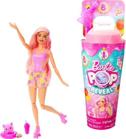 Barbie Pop Reveal Doll & Accessories, Strawberry Lemonade Scent with Pink Hair, 8 Surprises Include Slime & Squishy Puppy