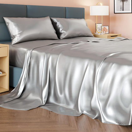 DECOLURE Satin Sheets Queen Size Set 4 Pcs - Silky & Luxuriously Soft Satin Bed Sheets w/ 15 inch Deep Pocket - Double Stitching, Wrinkle Free (Grey)