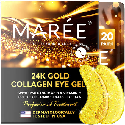 MAREE Under Eye Patches (20 Pairs) - 24K Gold Eye Patches for Puffy Eyes, Dark Circles, Eye Bags - Skin Care with Collagen, Pearl Extract & Hyaluronic Acid - Anti-Aging & Rejuvenating Eye Masks