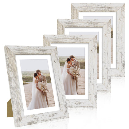 Hongkee 5x7 Picture Frame Set of 4, Made of Real Glass and Distressed White Wooden Frame, 5 by 7 Photo for Wall or Tabletop - Display Picture 4x6 with Mat or 5x7 Without Mat