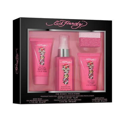 Ed Hardy Women's Perfume Gift Set, 4 Pieces Include Fragrance Mist, Body Lotion, Body Wash, and Fragrant Bath Fizz