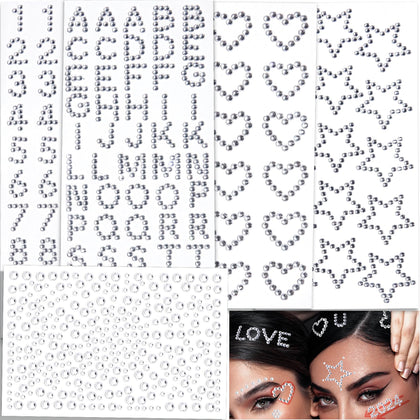 Hair Face Gems Jewels Self Adhesive Heart Numbers Letters Star Rhinestone Stickers, Stick on Rhinestones Stickers for Face, Hair, Makeup, Body, Crafts, Festival Decal Decor (5 Sheets, 463 Pcs)