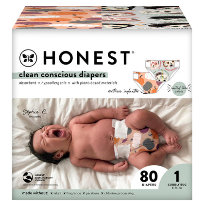 The Honest Company Clean Conscious Diapers | Plant-Based, Sustainable | Fall '23 Limited Edition Prints | Club Box, Size 1 (8-14 lbs), 80 Count
