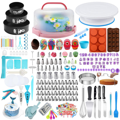 Gawren-H&E Cake Decorating Kit with Cake Carrier,678 PCS Cake Decorating Supplies Kit with 3 Springform Pans,Piping Bags and 74 Piping Tips,Chocolate Mold,Turntable - Baking Supplies Kit Set