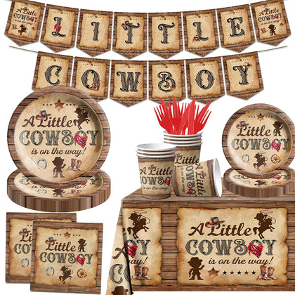 A Little Cowboy is On The Way Party Decorations,Western Cowboy Baby Shower Tableware Include Plate,Napkins,Cup Vintage Wood Grain Cowboy Table Decorations for Cowboy Baby Shower Party