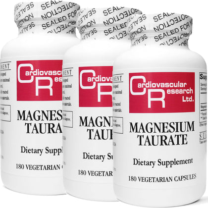 Cardiovascular Research Magnesium Taurate - 125 mg Elemental Magnesium Per Veg Capsule - 180 Veggie Caps in Each Sealed Bottle - 3 Bottles - 540 Vegetarian Capsules