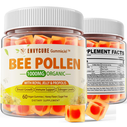 Breast Enhancement Bee Pollen Organic 1000mg Gummies, w/Propolis, Royal Jelly, Sugar Free Bee Pollen Supplement Rich in Vitamin B, Antioxidants, Amino Acids, for Breast Development, Immune & Energy