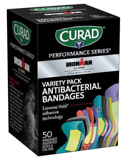 Curad Performance Series Ironman Antibacterial Bandages, Extreme Hold Adhesive Technology, Assorted Variety Pack Includes Standard, XL, Finger & Knuckle Fabric Bandages, 50 Count