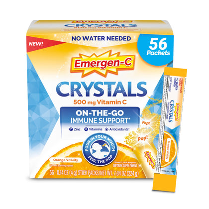 Emergen-C Crystals, On-The-Go Immune Support Supplement with Vitamin C, B Vitamins, Zinc and Manganese, Orange Vitality - 56 Stick Packs