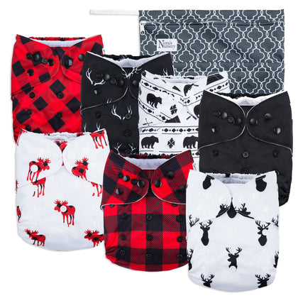 Nora's Nursery Cloth Diapers 7 Pack with 7 Bamboo Inserts & 1 Wet Bag - Waterproof Cover, Washable, Reusable & One Size Adjustable Pocket Diapers for Newborns and Toddlers - Buffalo Plaid