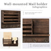 Dahey Wall Mounted Mail Holder Wooden Key Holder Rack Mail Sorter Organizer with 4 Double Key Hooks and A Floating Shelf Rustic Home Decor for Entryway or Mudroom,15.7