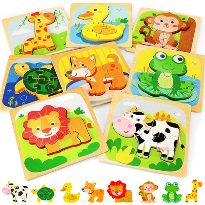 TOY Life Wooden Animal Puzzles for Toddlers 1-3, 8 Pack Baby Puzzle for Kid Age 1-3, Montessori Toys for 1 2 3+ Year Old, STEM Educational Learning Toy for 1 2 3+Year Old Boys Girls