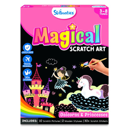 Skillmatics Magical Scratch Art Book for Kids - Unicorns & Princesses, Craft Kits & Supplies, DIY Activity & Stickers, Gifts for Toddlers, Girls & Boys Ages 3, 4, 5, 6, 7, 8, Travel Toys