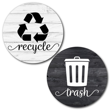 Rustic Trash Recycle Magnets for Kitchen Trash Can and Recycle Bin, Farmhouse Garbage Can Logo Symbol Magnet, 3.5 Inch Recycle Magnet for Trash Can with 4 Adhesives, Made in USA, Combo Wood