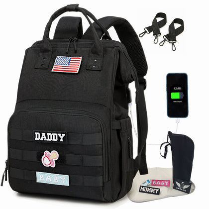 QWREOIA Diaper Bag Backpack for Dad and Mom with USB Charging Port Stroller Straps and Insulated Pocket,army military Travel Nappy Backpack for Daddy/Mommy (Black)