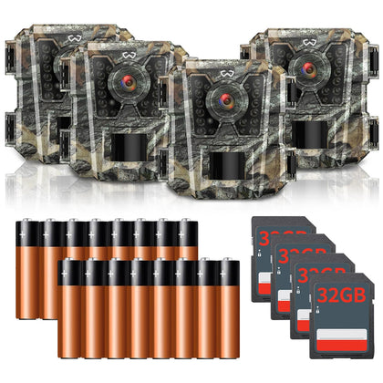 WOSODA Mini Trail Camera 4 Pack 24MP 1080P HD, Game Camera with SD Card, Waterproof Tiny Hunting Camera Night Vision Motion Activated with Fast Trigger Time for Outdoor Wildlife Monitoring