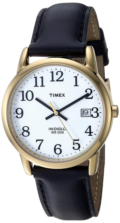 Timex Men's Easy Reader 35mm Watch - Gold-Tone Case White Dial with Black Leather Strap