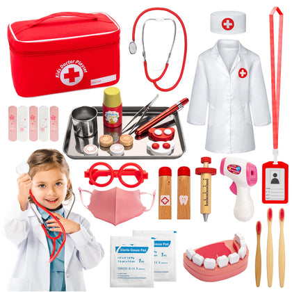 KODATEK Doctor Kit for Kids, 34 Pcs Pretend Playset kit for Toddlers 3-5, with Doctor Costume, Real Stethoscope & Other Accessories, Dentist Kit for Kids, Toys for Boys and Girls Fun Role Playing Game