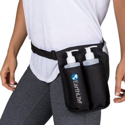 EARTHLITE Massage Bottle Holster Double Kit - Incl. 2 Bottles & Heavy Duty, Adjustable Double Holster for Massage Oil & Massage Lotion (2x 8oz) , Black