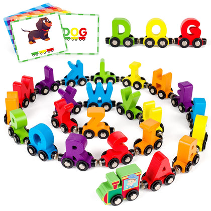 Vanmor 27 PCS Magnetic Wooden Alphabet Train Sets | ABC Letter Learning Toy Trains with 42 PCS Flash Cards, 1 Engine, 1 Storage Bag | Toddlers Kids Boys Girls Educational Toys for 3 4 5 6 7 Years Old