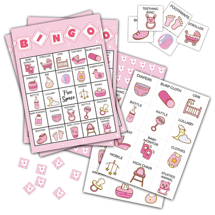 Girl Bingo Game, Its a Girl Themed Party Games with 24 Players, Pink Baby Shower/Gender Reveal/Pregnancy Announcement Party Supplies Activities