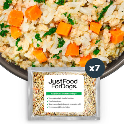 JustFoodForDogs Frozen Fresh Dog Food, Complete Meal or Dog Food Topper, Chicken & White Rice Human Grade Dog Food Recipe, 18 oz (Pack of 7)