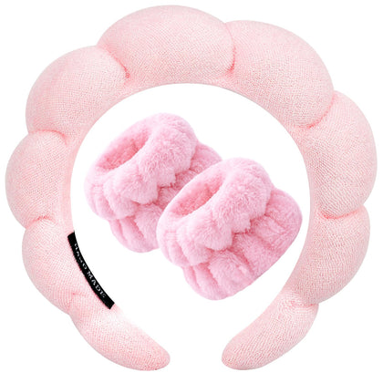 Zkptops Spa Headband for Washing Face Wristband Set Sponge Makeup Skincare Headband Wrist Towels Bubble Soft Get Ready Hairband for Women Girl Puffy Headwear Non Slip Thick Thin Hair Accessory(Pink)