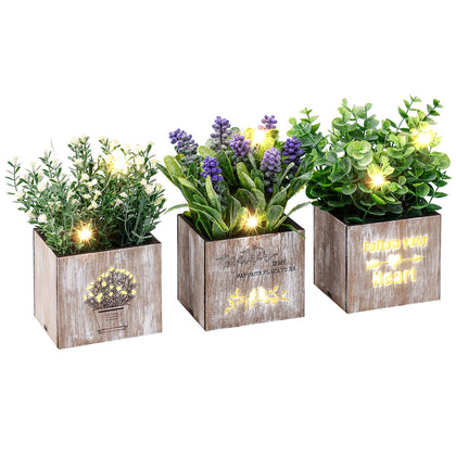 Kinkota Artificial Plants & Flowers with Nightlight, Potted Fake Plants for Home Decor Indoor, Greenery Tabletop Centerpieces for Office Room Decoration, 3 Pack