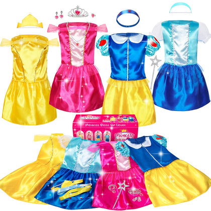SOLIEHOO Girls Princess Dress Up Trunk, Pretend Play Costumes Princess Role Play Set 15pcs Girls Dress up Clothes with 4 Tops,4 Princess Dresses Crown Necklaces for Toddler Age 3-6 Years