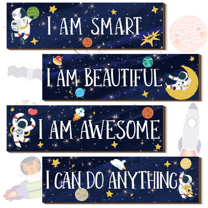 4 Pieces Space Decor Boys Room Space Posters Boy Bedroom Wall Decor Spaceman Wood Sign Inspirational Space Wall Art Boys Bedroom Decor Space Motivational Quote for Baby Kids Classroom Nursery (I)
