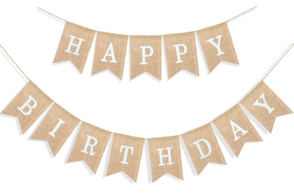 Uniwish Happy Birthday Banner for Birthday Party Decorations, Rustic Burlap Bunting Swallowtail Flags, 2 in 1