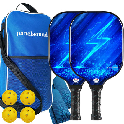 Panel Sound Pickleball Paddles Set of 2 USAPA Approved, Fiberglass Pickleball Rackets with 1 Carrying Case, 2 Cooling Towels & 4 Indoor Balls