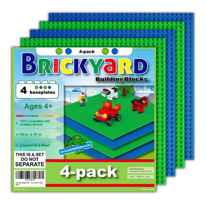Brickyard Building Blocks Lego Compatible Baseplate - Pack of 4 Large 10 x 10 Inch Base Plates for Toy Bricks, STEM Activities & Display Table - Green, Blue