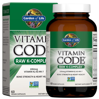 Garden of Life Vitamin K2 and K1, Vitamin Code Vegan K Complex Vitamin for Bone Strength and Heart Health, Vitamin K1 and K2, Omega Rich Flax Seed Oil, Trace Minerals, Probiotics, 60 Day Supply