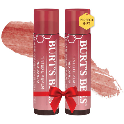 Burt's Bees Lip Tint Balm Stocking Stuffers Gifts, Long Lasting 2 in 1 Duo Tinted Balm Formula, Color Infused with Hydrating Shea Butter for a Natural Looking Buildable Finish, Red Dahlia (2-Pack)