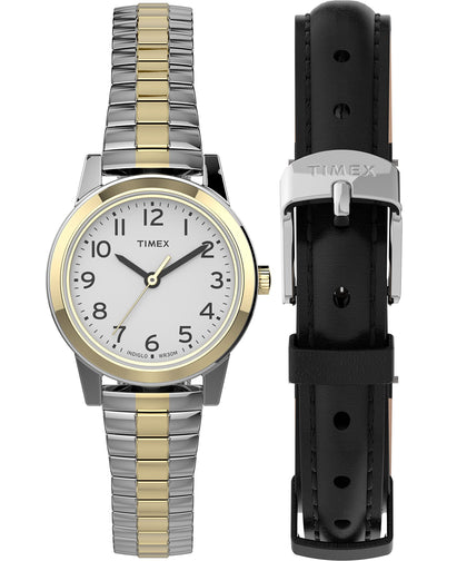 Timex Women's Essex Avenue 25mm Watch Box Set - Two-Tone Case White Dial with Two-Tone Expansion Band + Black Leather Strap