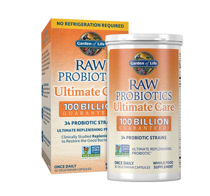 Raw Probiotics for Women and Men Ultimate Care 100 Billion CFU Shelf Stable Non Refrigerated Probiotic Supplement for Adults, Clinically Studied Strains, Digestive Enzymes, Garden of Life 30 Capsules