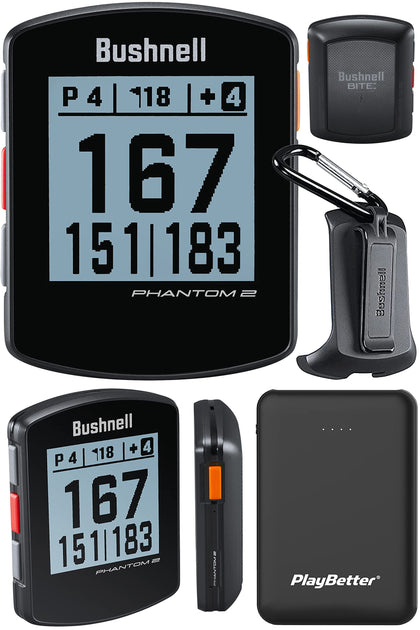 Bushnell Phantom 2 (Black) GPS Golf Handheld Power Bundle | with PlayBetter Portable Charger | Distance Rangefinder Device | Built-in Magnetic Mount, 38,000+ Courses, Accurate Distances