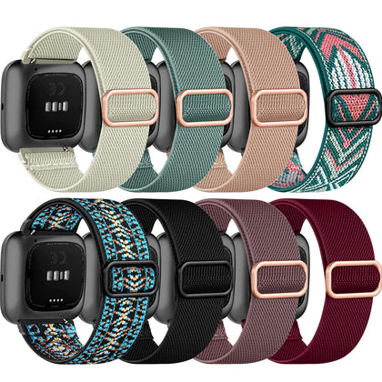Zspoly 8 Pack Elastic Bands Compatible with Fitbit Versa 2/Versa/Versa Lite/Versa SE for Women Men, Adjustable Stretchy Nylon Braided Strap Solo Loop Sport Replacement Wristband for Versa Smart Watch