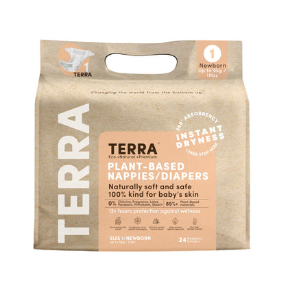Terra Size 1 Newborn Diapers: 85% Plant-Based Diapers, Ultra-Soft & Chemical-Free for Sensitive Skin, Superior Absorbency for Day or Nighttime Diapers, Designed for Newborns up to 11 Pounds, 24 Count
