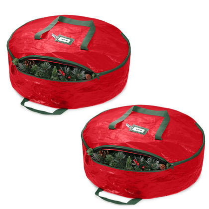 ZOBER Christmas Wreath Storage Container - 24 Inch, Waterproof Plastic Wreath Storage Bag - Dual Zippered Wreath Bag - Durable Stitch Reinforced Handles - Wreath Christmas Storage - 2 Pack
