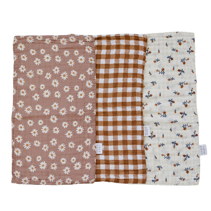 Mebie Baby Burp Cloths, Modern Print 3-Pack, Muslin Burp Cloth Set for Spit Up, Drool, and More, Boho Burp Cloths for Baby Boy and Girl, Baby Must Haves for Registry Lists and Gifts for Newborns