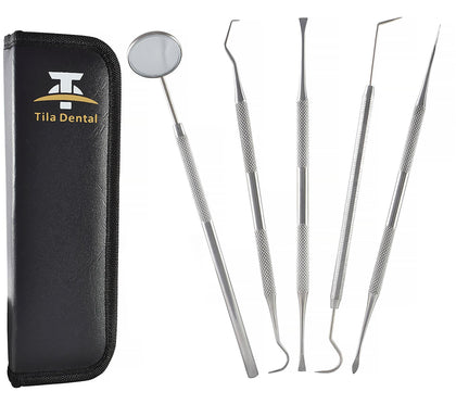 Dental Hygiene Kit Best for Personal Use Deep Tooth Cleaning - Calculus Plaque Remover Set - Scaler Instruments, Tartar Scraper, Tooth Pick, Mouth Mirror -Premium Stainless Steel 5pc Dentist Tools Set