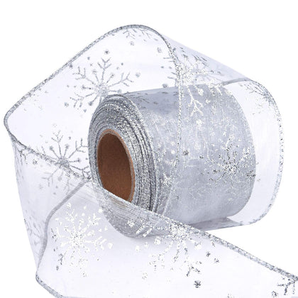 Livder 2.5 Inch Wide Christmas Wired Ribbon Snowflake Organza Sheer Glitter Ribbon for Xmas Tree, Wreath, Party Decoration, Gift Wrapping (Silver-White, 10.9 Yards)