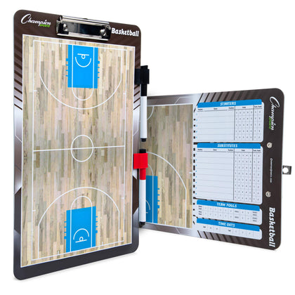 Champion Sports Dry Erase Clipboard for Coaching Basketball - Whiteboards for Strategizing, Techniques, Plays - 2-Sided Clipboards with Clip - Front Side Full Court - Backside Half Court and Lineup