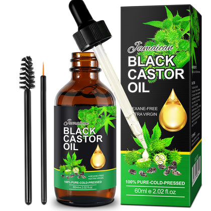 Jamaican Black Castor Oil, Castor Oil Organic Cold Pressed Unrefined, Pure Natural Castor Oil for Hair Growth, Eyelashes & Eyebrows, Deep Cleansing, Skin & Scalp Moisturizer, Nail Care Grow, 60ML