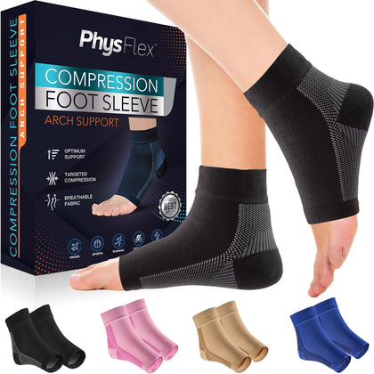 PhysFlex Compression Socks for Plantar Fasciitis, Achilles Tendonitis Relief - Ankle Compression Sleeve for Heel Spurs, Foot Swelling, Fatigue & Sprain - Arch Support Brace for Work, Gym, Sports