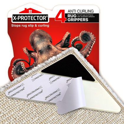 Rug Grippers X-PROTECTOR - Best 4 pcs Anti Curling Rug Gripper - Keeps Your Rug in Place & Makes Corners Flat -Triangle Carpet Gripper with Renewable Carpet Tape - Ideal Non Slip Rug Pad for Your Rug!