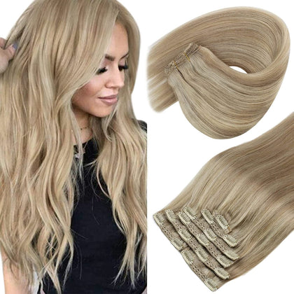 Sunny Clip in Hair Extensions 18inch Clip in Hair Extensions Real Human Hair Blonde Hair Extensions Invisible Clip in Extensions Light Blonde Highlights Golden Blonde 120g 7pcs